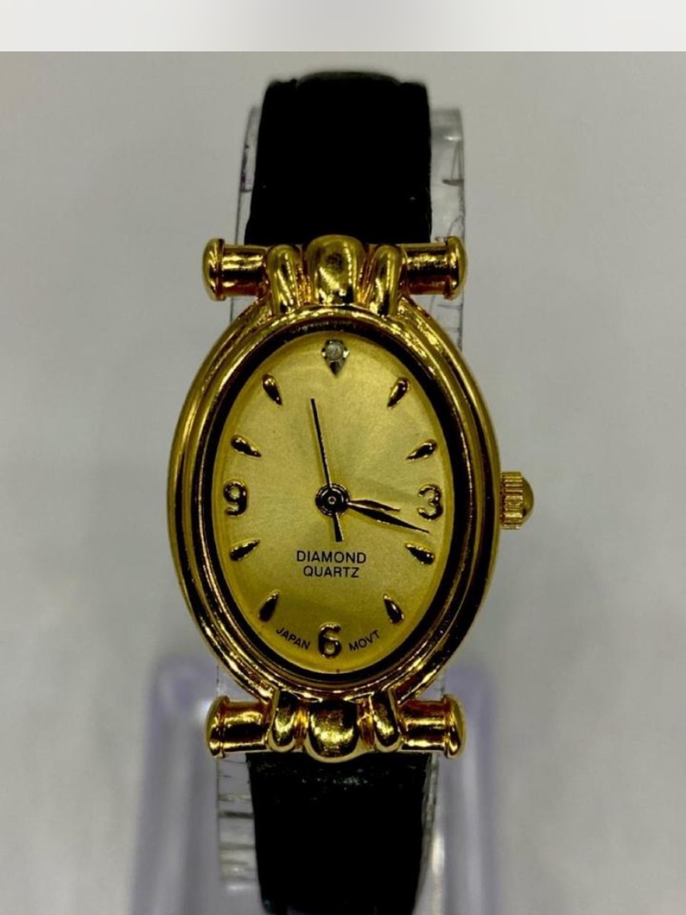 Ldies ^^^Diamond Quartz  *** Women's Gold-Tone Oval Watch /  Black Strap ***